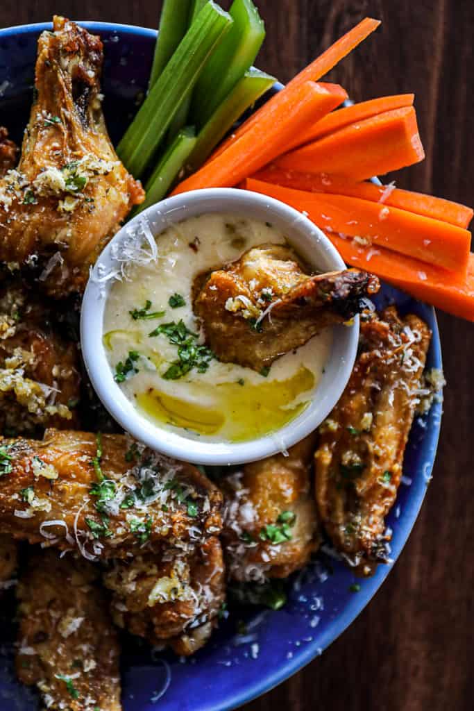 Air Fried Garlic Parmesan Chicken Wings on a party platter.
