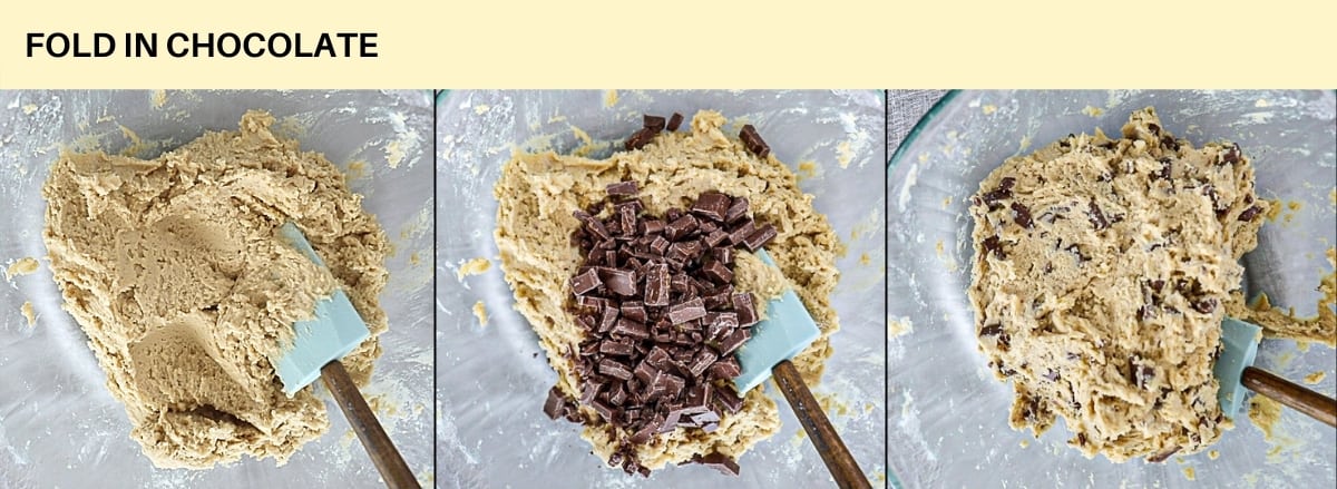 Step by step demonstration with caption on how to fold in chocolate to air fry chocolate chip cookie dough