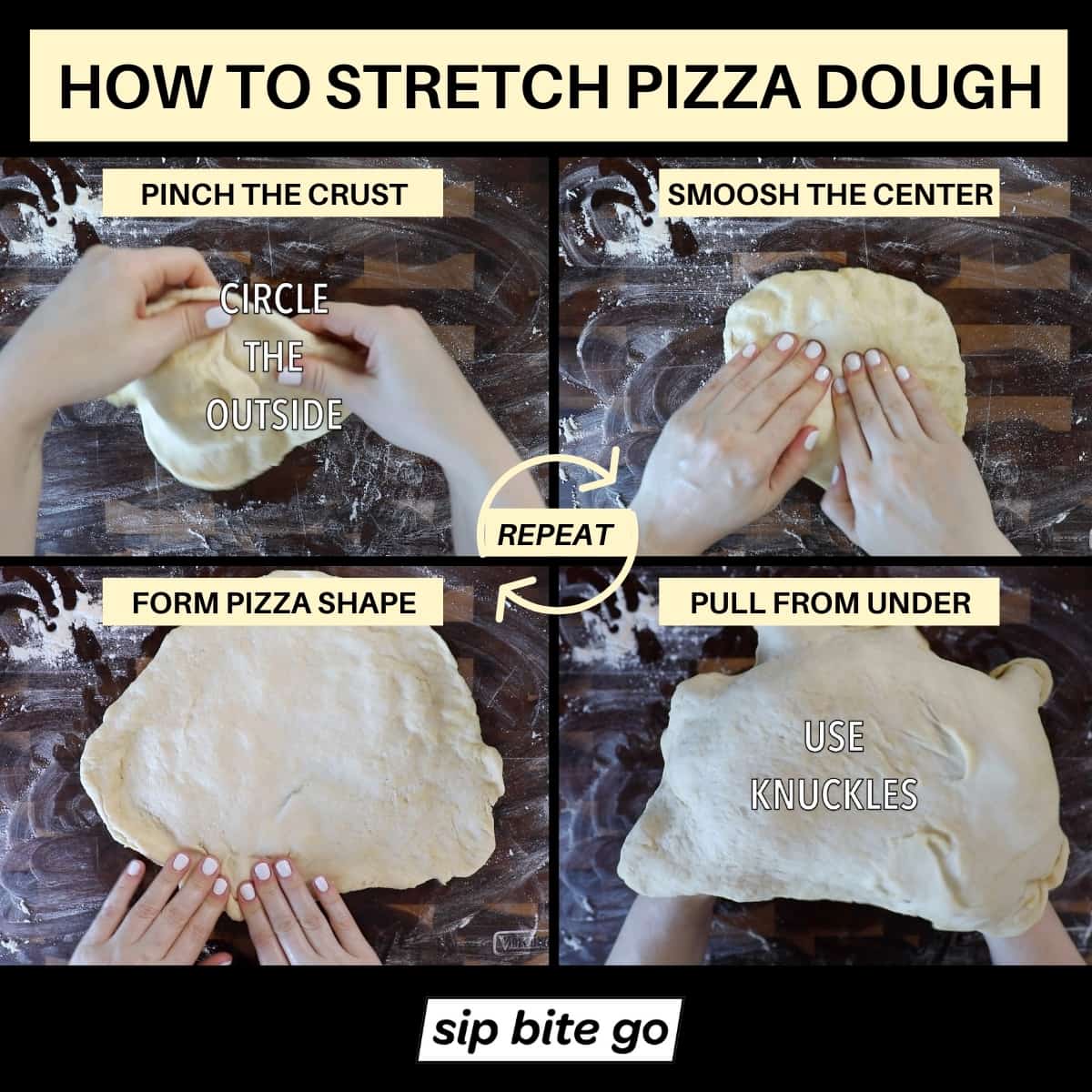 Graphic chart demonstrating how to stretch pizza dough for phillies steak pizza recipe.
