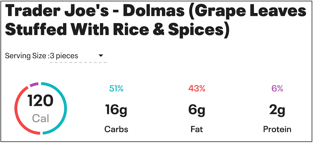 myfitnesspal.com Trader Joe's dolmas nutrition and calories information.