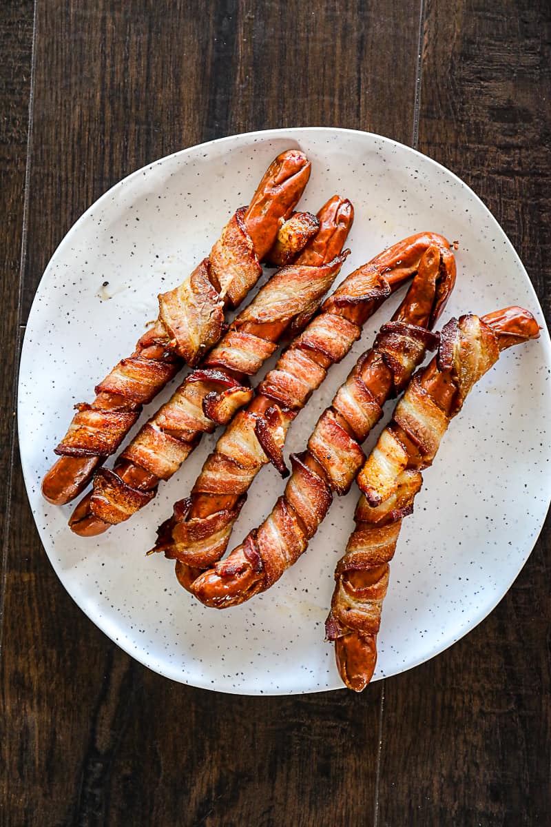 Baked Bacon Wrapped Hot Dogs.