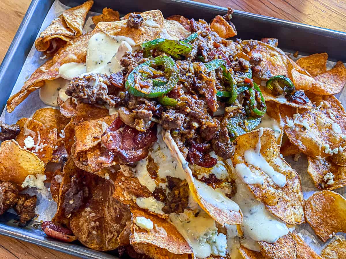 Steak and Gorgonzola Nachos from Portland Bar 10 Barrel Brewing Pub in NW Pearl PDX