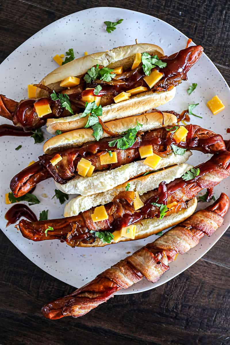Cookout party platter Bacon Wrapped Hot Dogs.