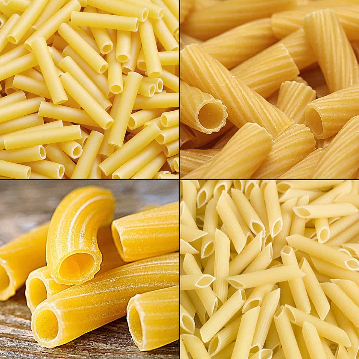 Demonstrating the difference between ziti noodles vs penne vs rigatoni pasta shapes