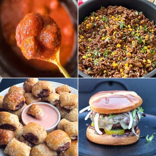 Easy Ground Beef Dinner Ideas Collage of Recipes including burgers tacos and meatballs