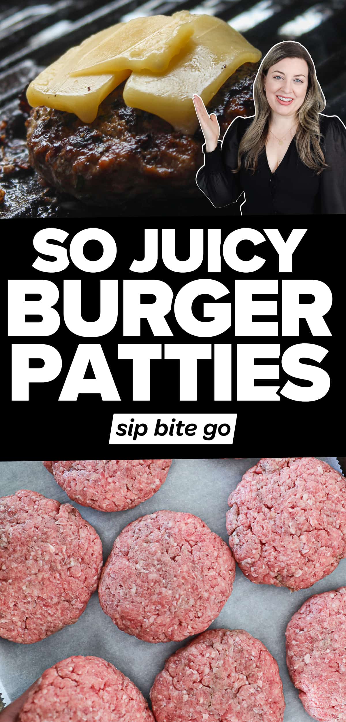 Ground beef patties and hamburger meat images with text overlay.