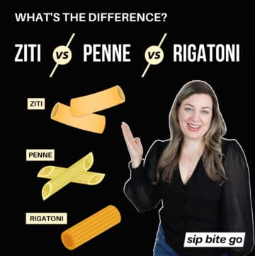 Infographic chart demonstrating what's the difference between ziti penne and rigatoni Sip Bite Go pasta shapes