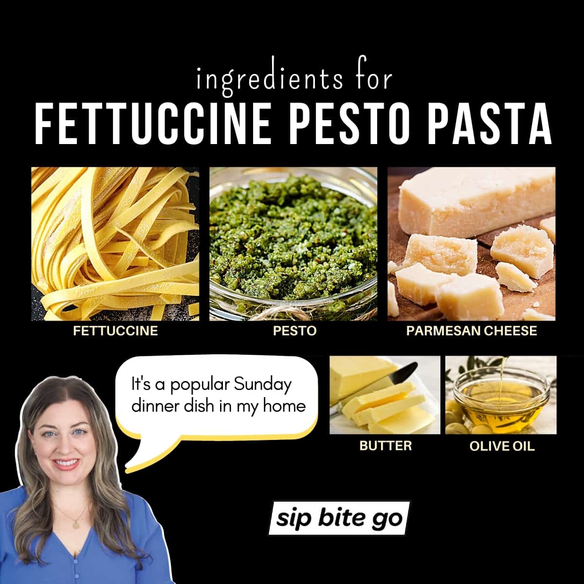 Infographic chart for ingredients for Fettuccine Pesto pasta with captions Sip Bite Go