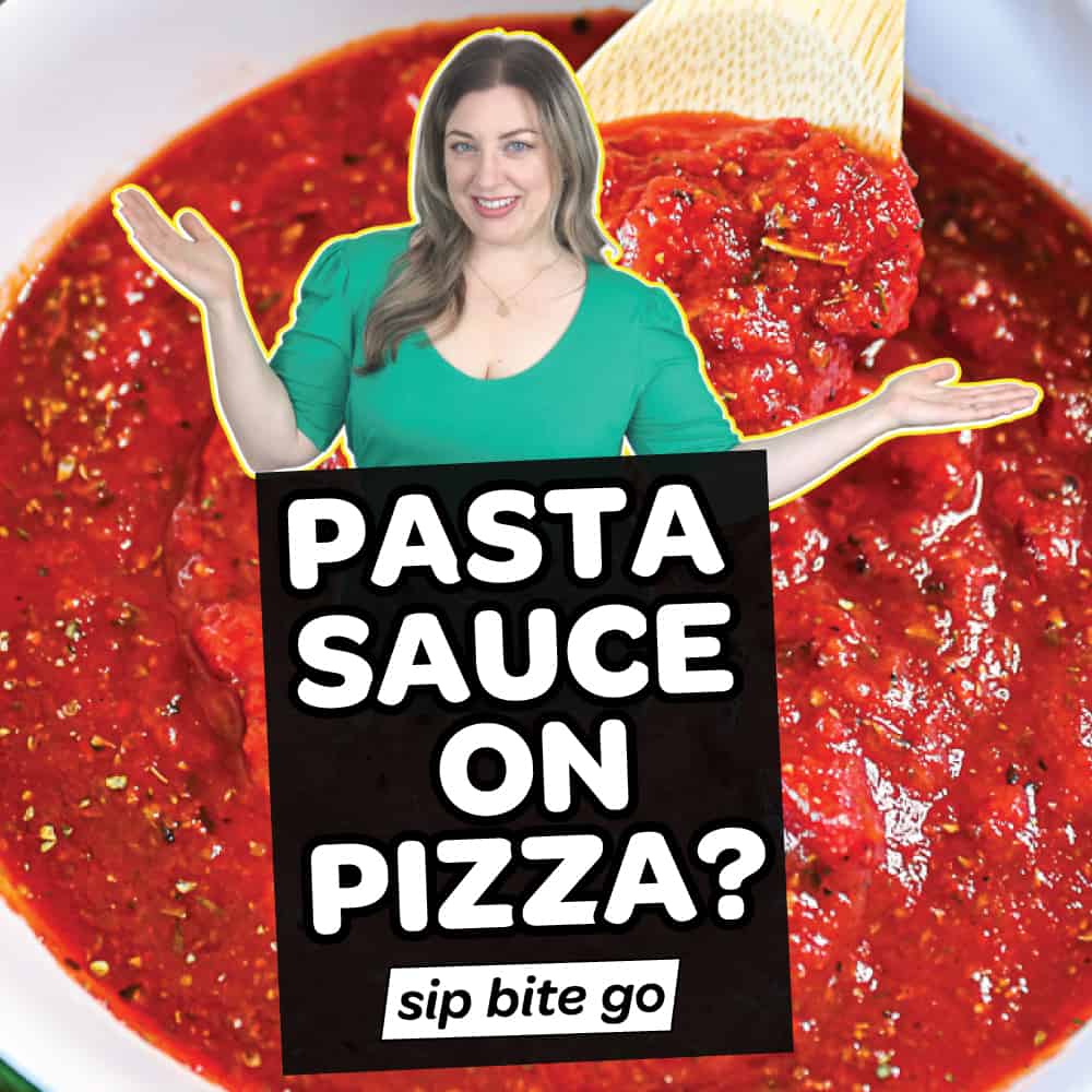 Pizza sauce with pasta sauce on pizza text overlay