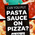 Pasta sauce on pizza text overlay with sauce images