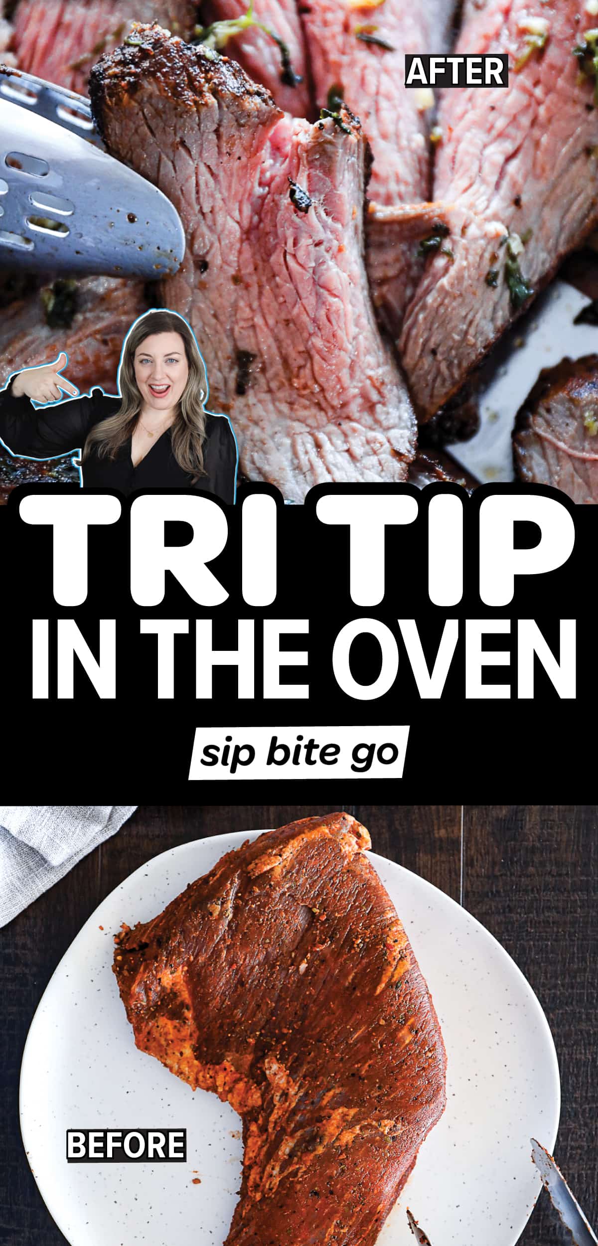Tri Tip In Oven recipe images and text overlay.