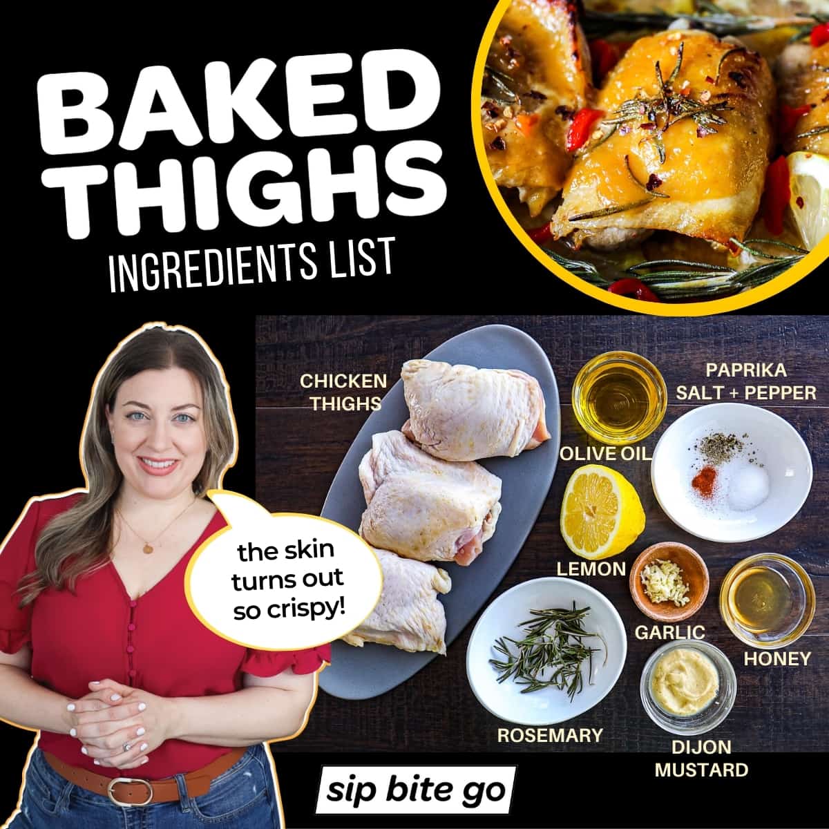 Infographic chart with crispy oven baked chicken thighs ingredients