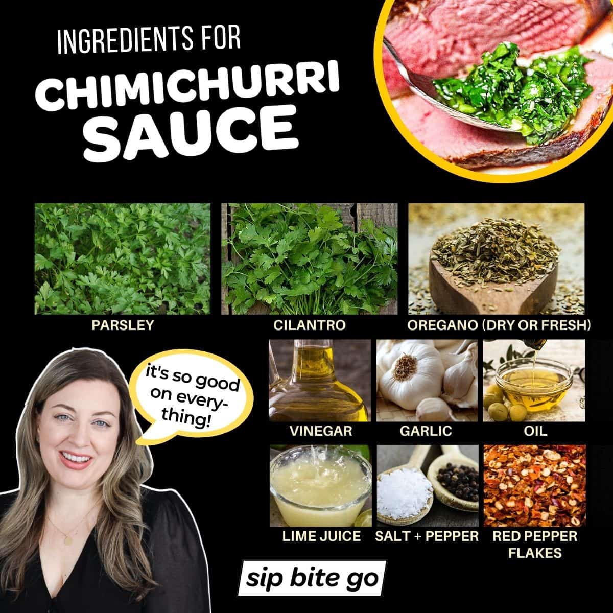 Infographic with chimichurri sauce ingredients and captions.