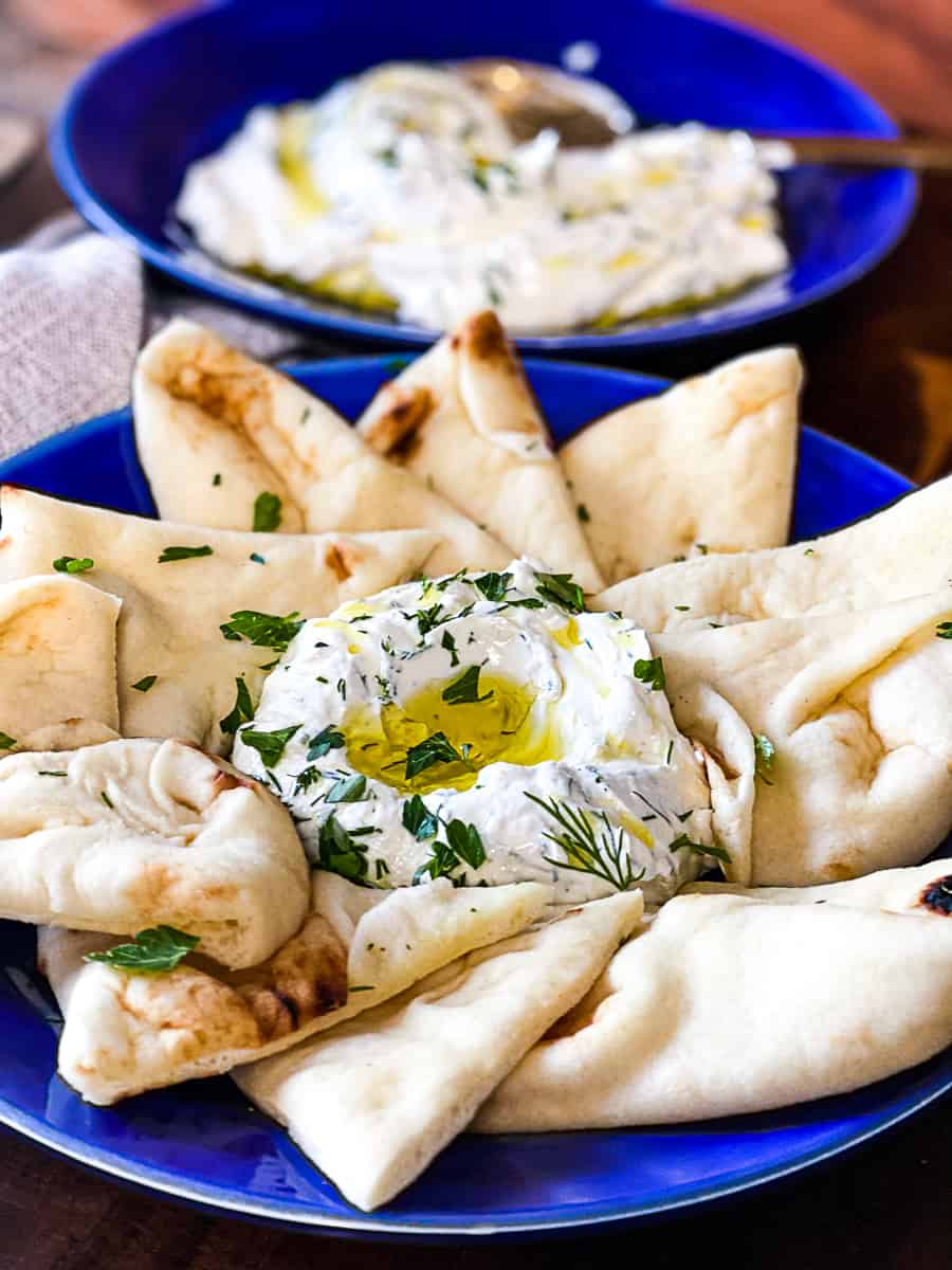Mediterranean Appetizer Platter Meze With Labneh and pita bread