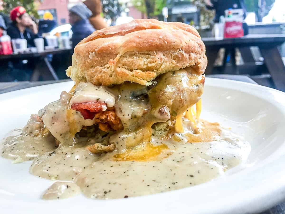Outdoors brunch in portland at Pine State Biscuits with a fried chicken sandwich.