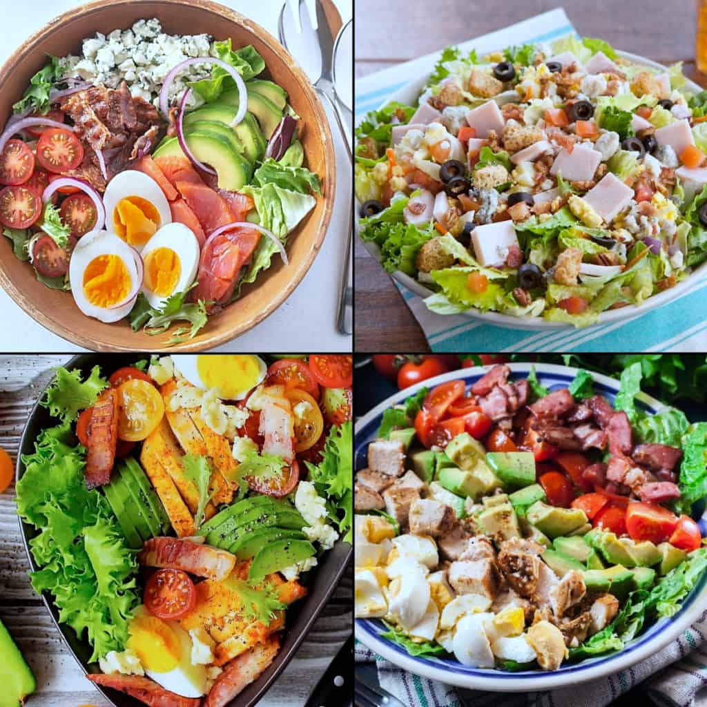 Summer dinner salad ideas collage with cobb salads.