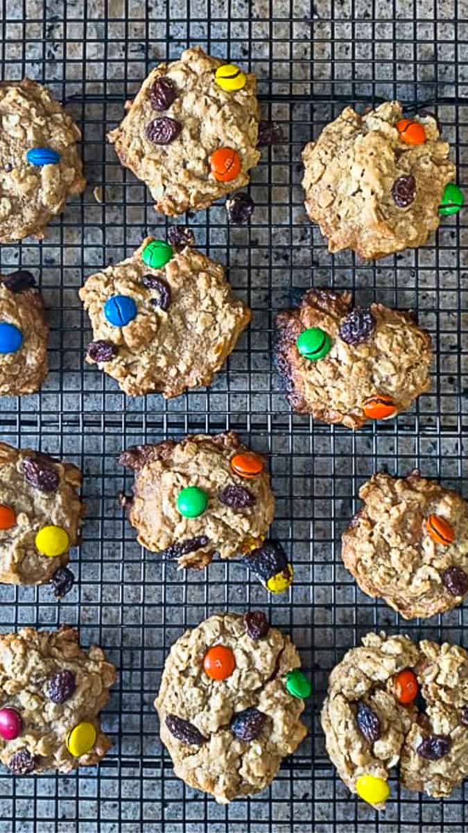 Baked Chewy Oatmeal M&M Cookies.