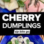 Images of frozen cherry vareniki dumplings recipe with text overlay