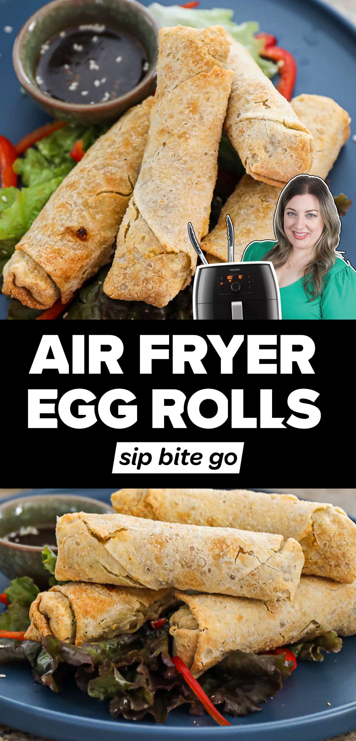 Frozen egg rolls in the air fryer recipe photos with text overlay