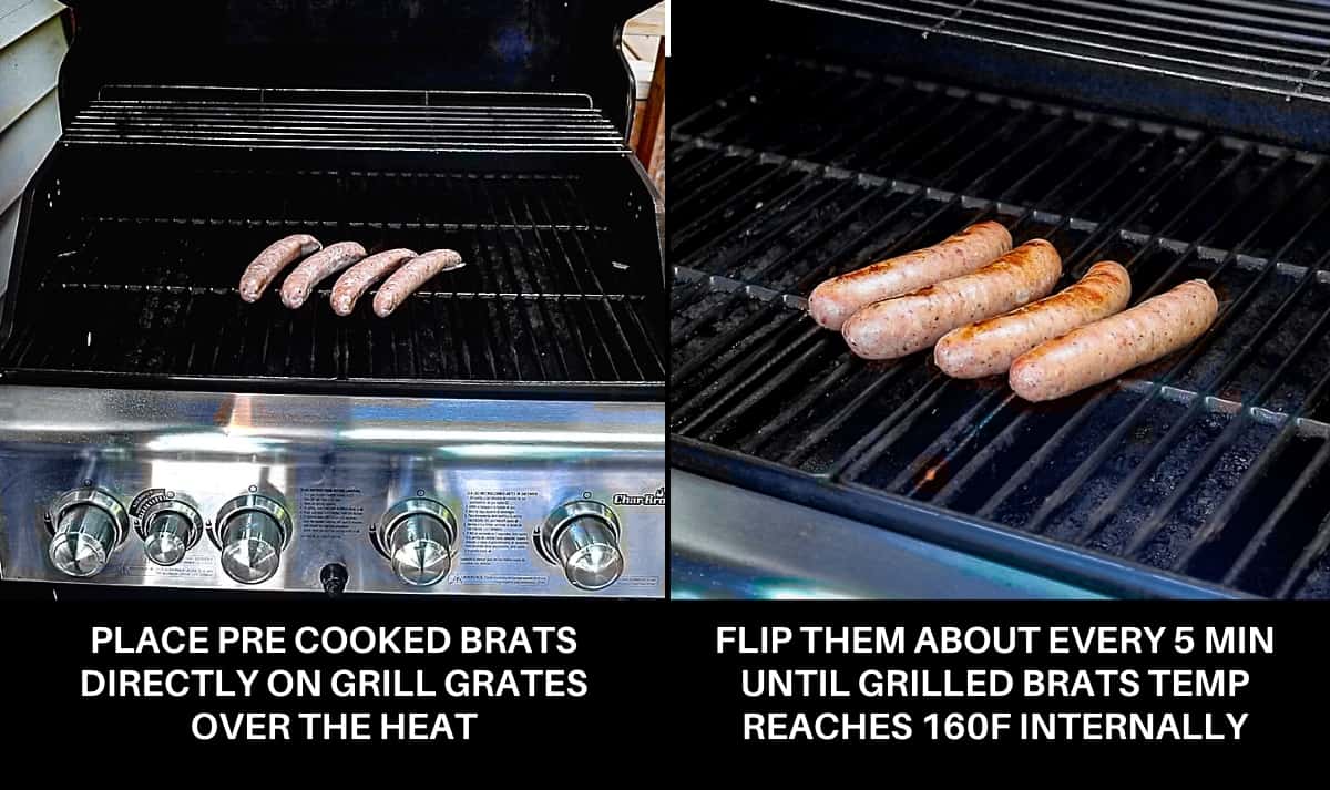Infographic demonstrating grilling brats on gas grill with grill brats temperature captions