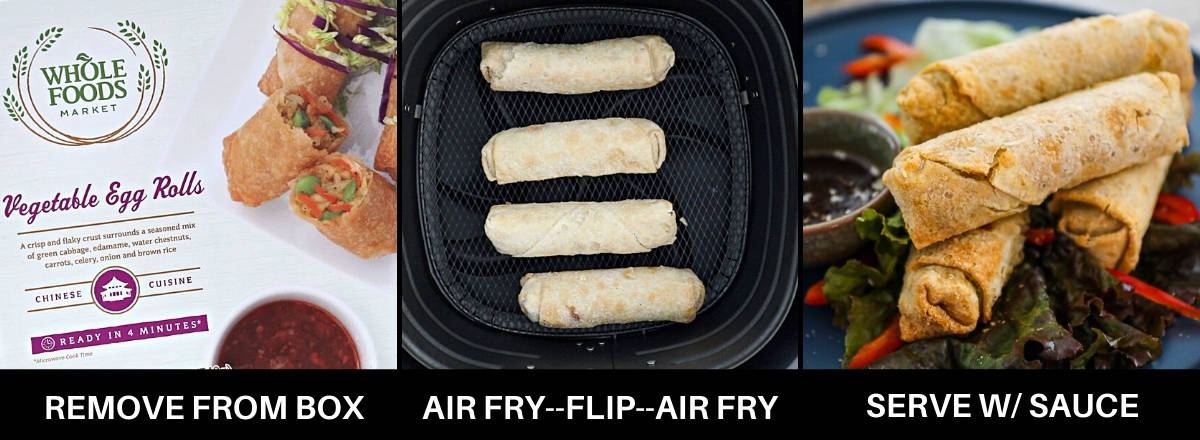 Infographic demonstrating how to cook frozen egg rolls in the air fryer