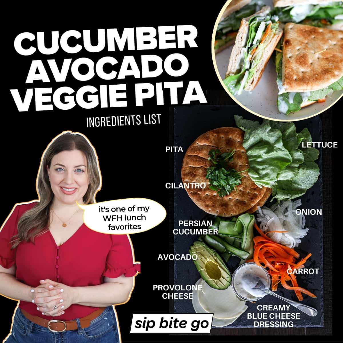 Infographic with ingredients and captions to make Cucumber Avocado Vegetarian Pita Sandwich