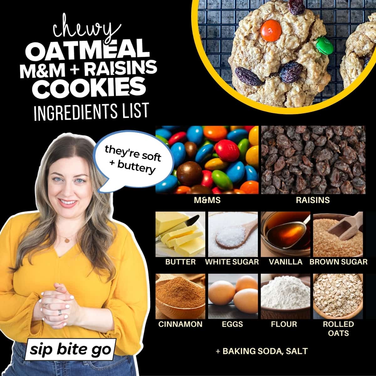 Infographic with ingredients for oatmeal raisin m&m cookies