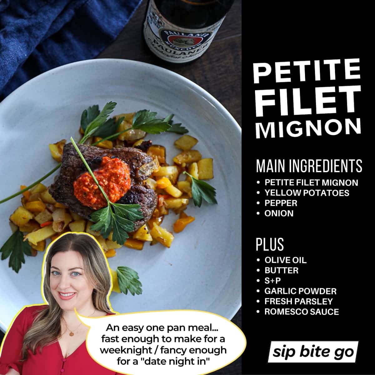 Infographic with ingredients for petite filet mignon with potatoes and vegetables