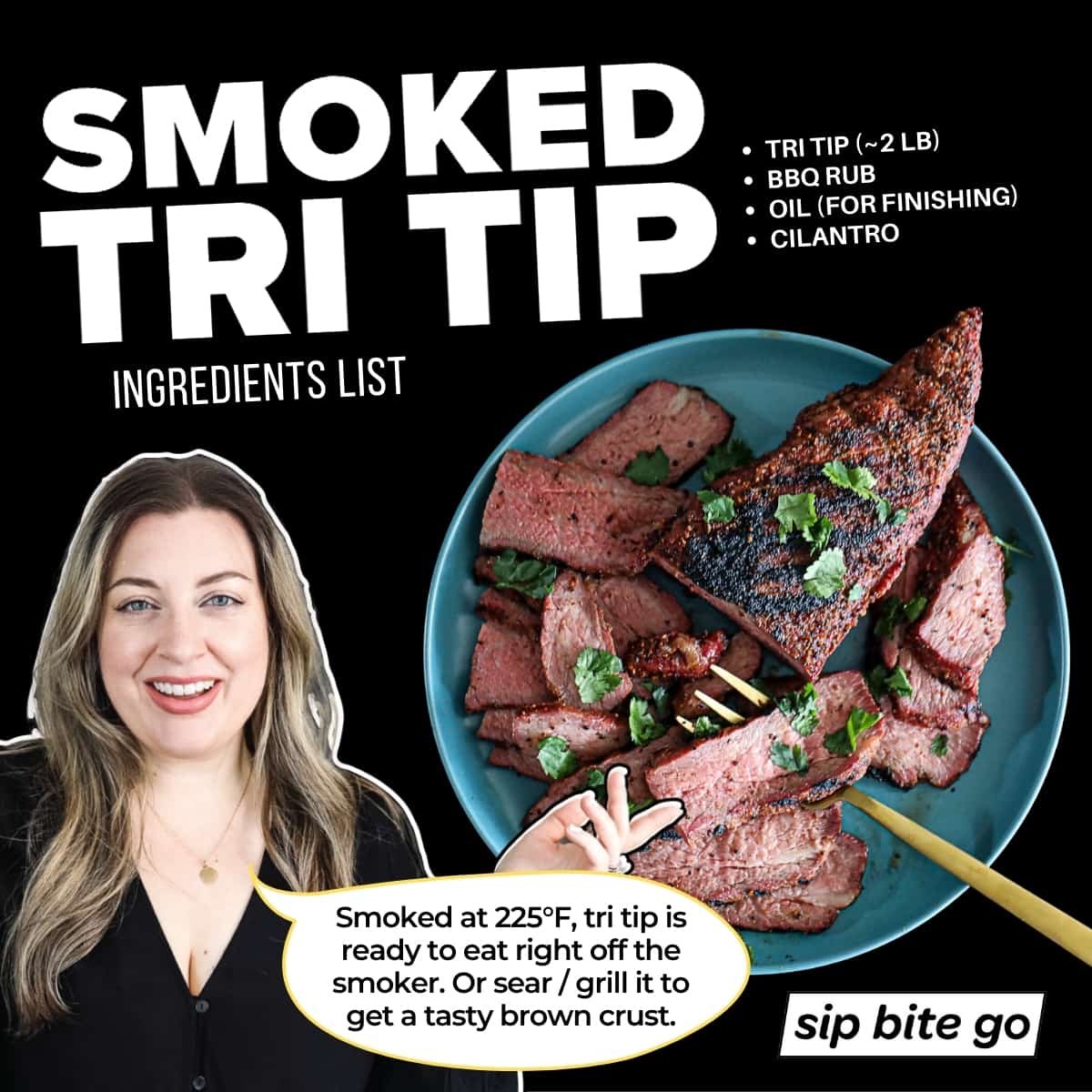 Infographic with smoked tri tip ingredients including bbq rub seasoning