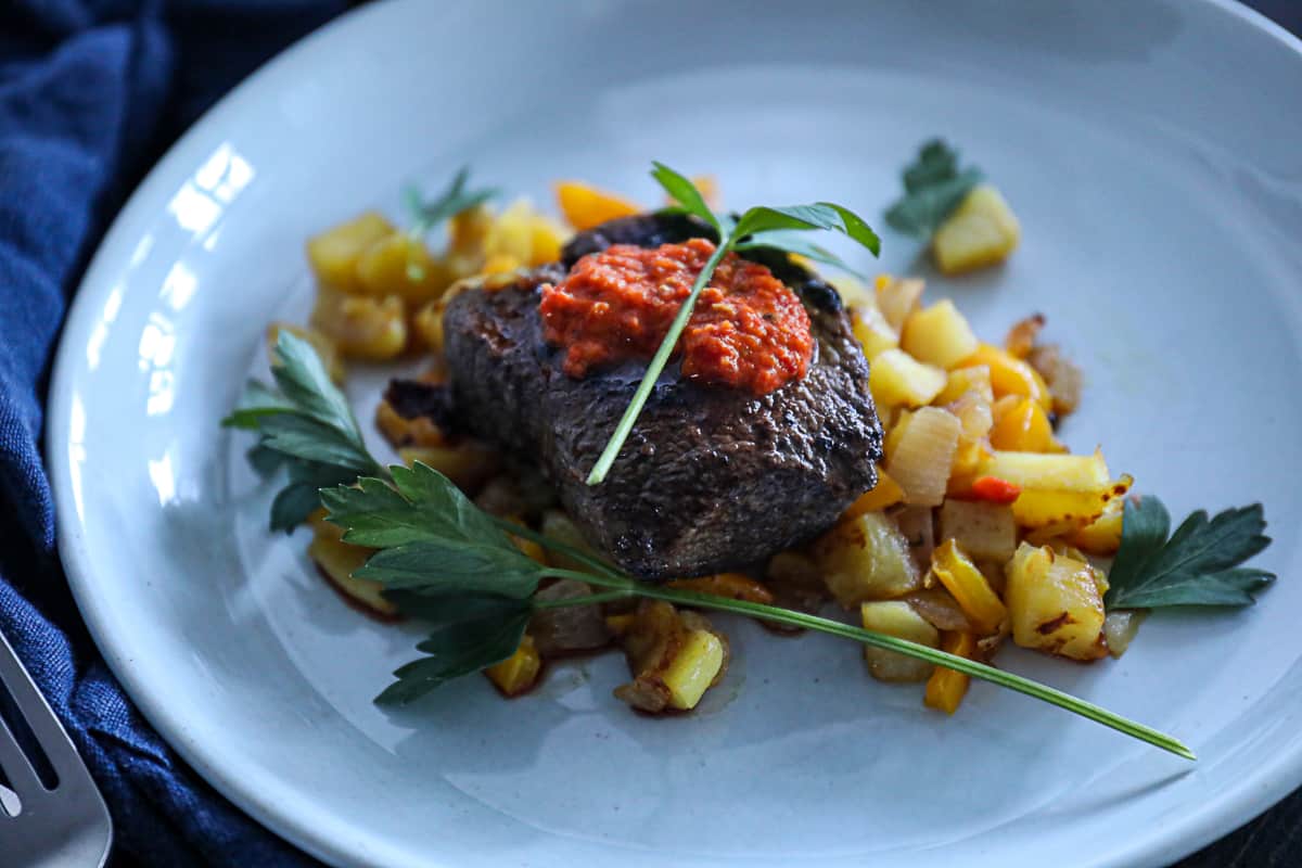 One Pan Petite Filet Mignon Dinner for Two with Potato Hash
