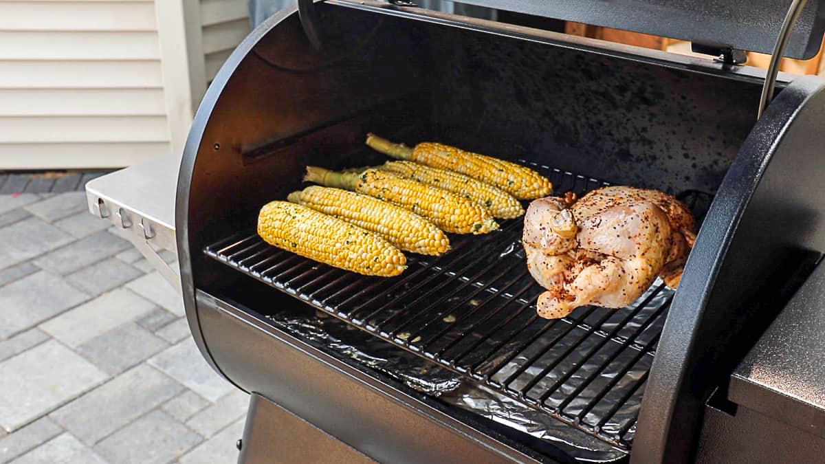 Traeger smoked corn on the cob side dish with smoked chicken