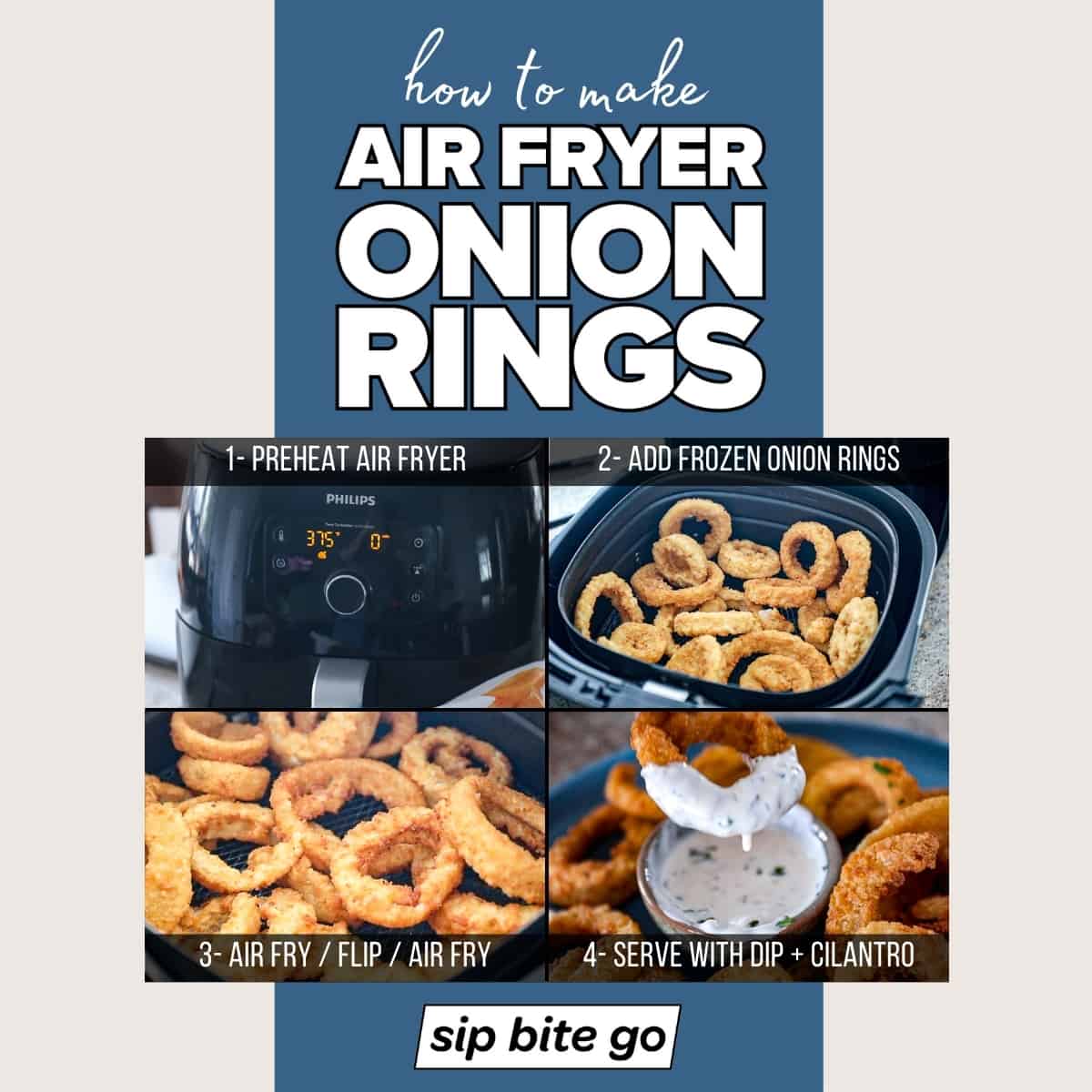 Infographic demonstrating How to make onion rings in air fryer