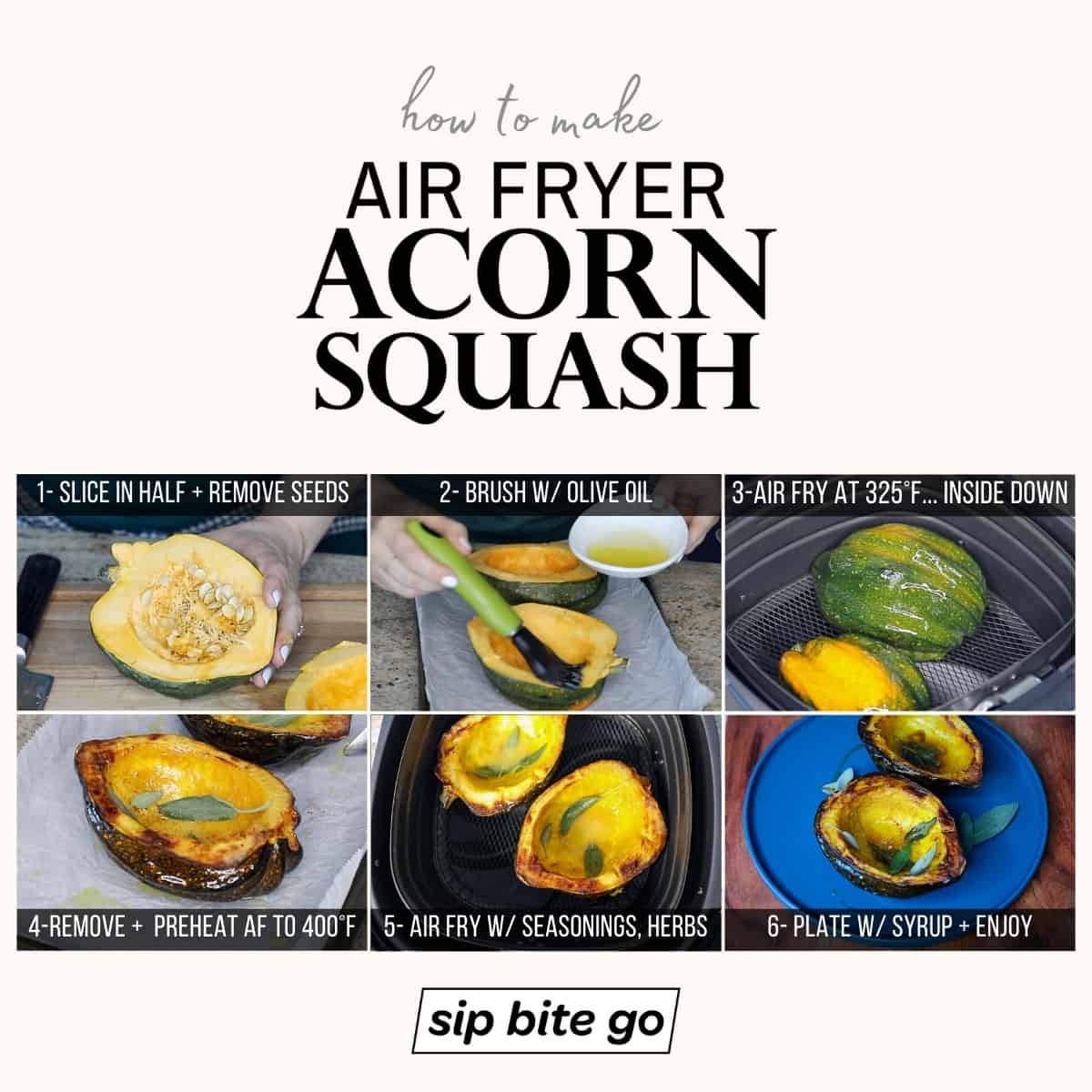 Infographic with directions on how to cook Acorn Squash in the air fryer machine