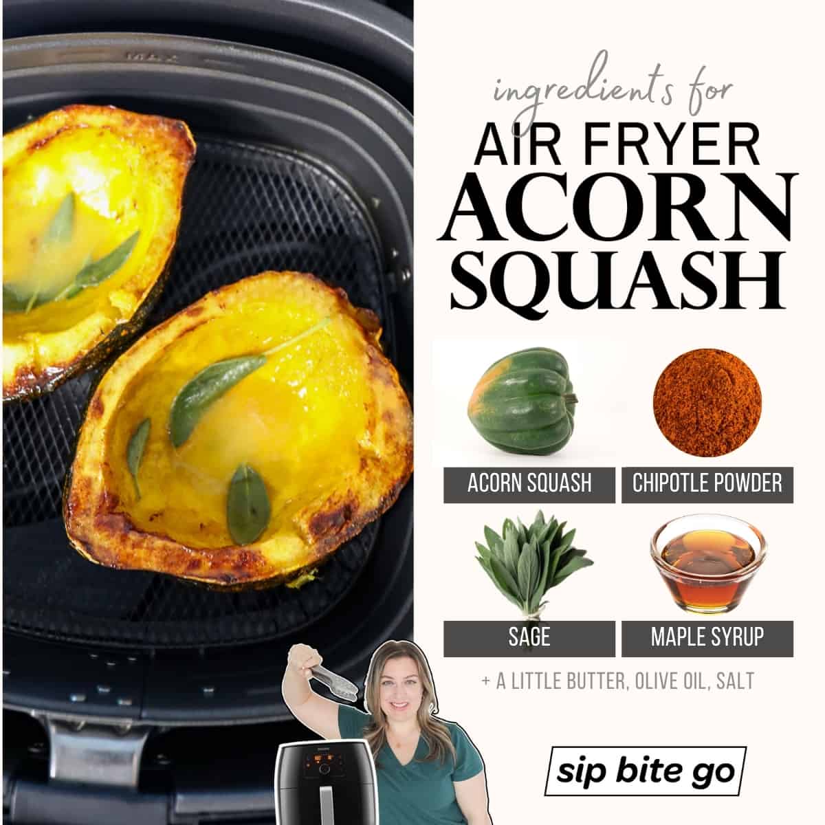 Infographic with ingredients for making Air Fryer Acorn Squash