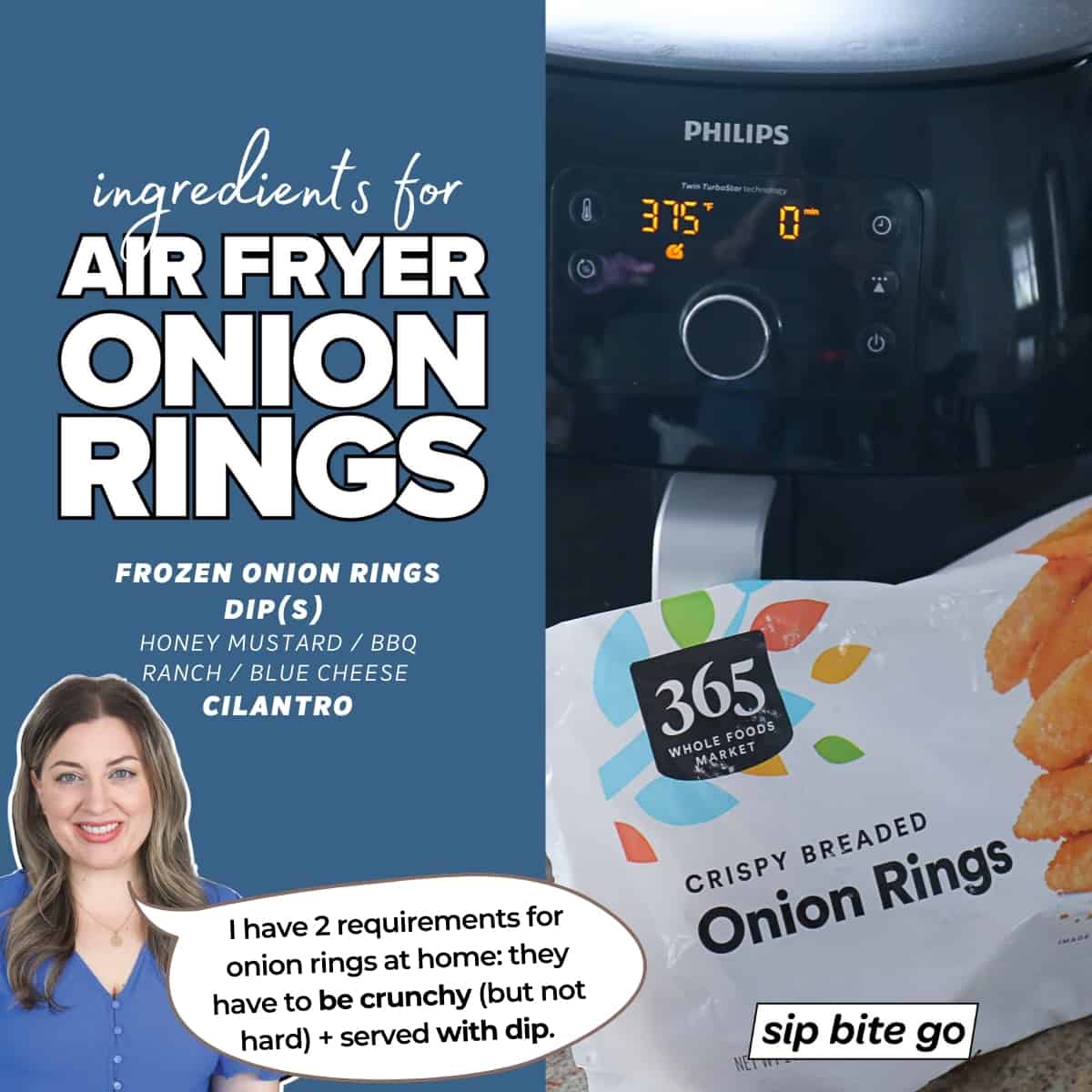 Infographic with ingredients for making Air Fryer Onion Rings from frozen