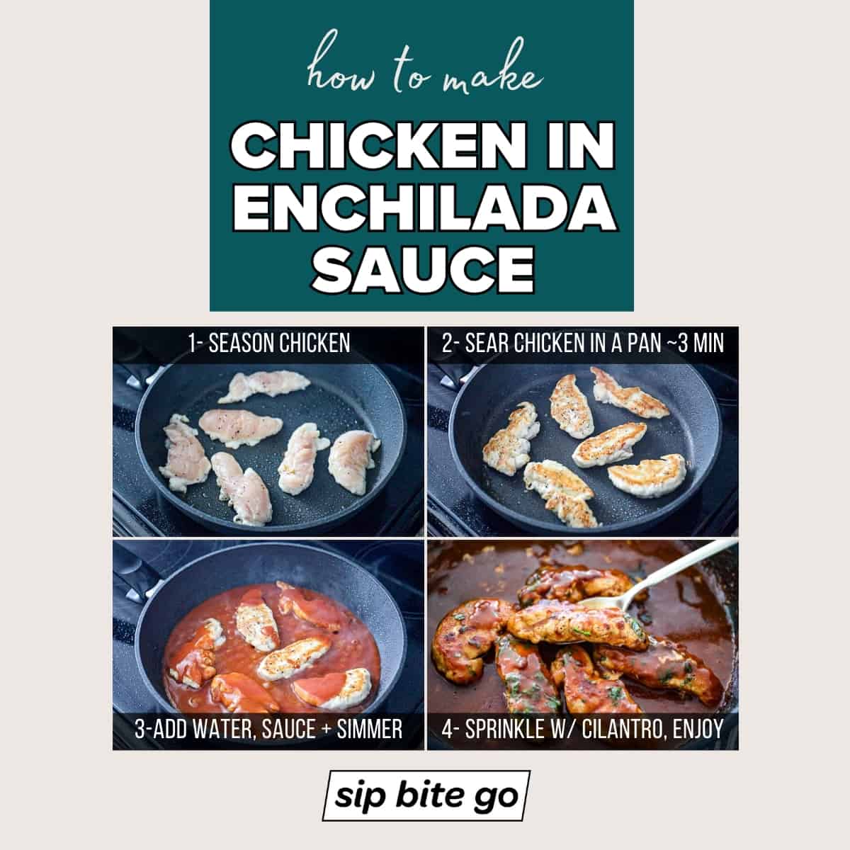 Infographic with steps for simmering chicken in enchilada sauce