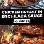 Simmered Chicken Breast With Enchilada Sauce recipe collage with text overlay.
