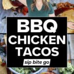 sheet pan BBQ chicken tacos images with text overlay.