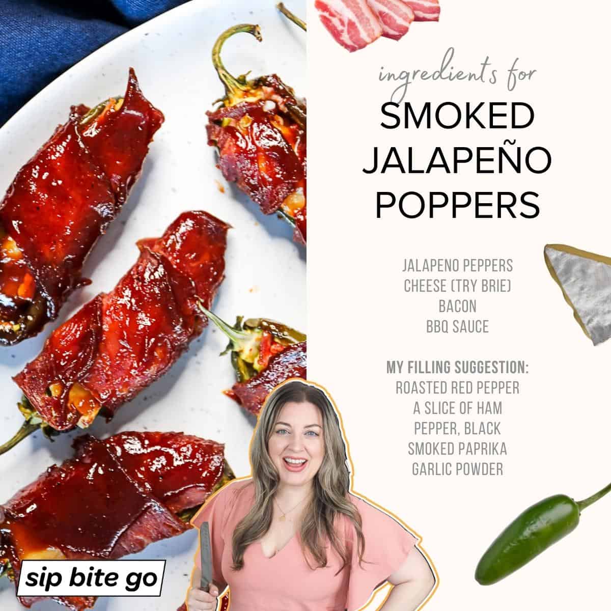 Infographic list of ingredients in Smoked Jalapeno Poppers with bacon and brie