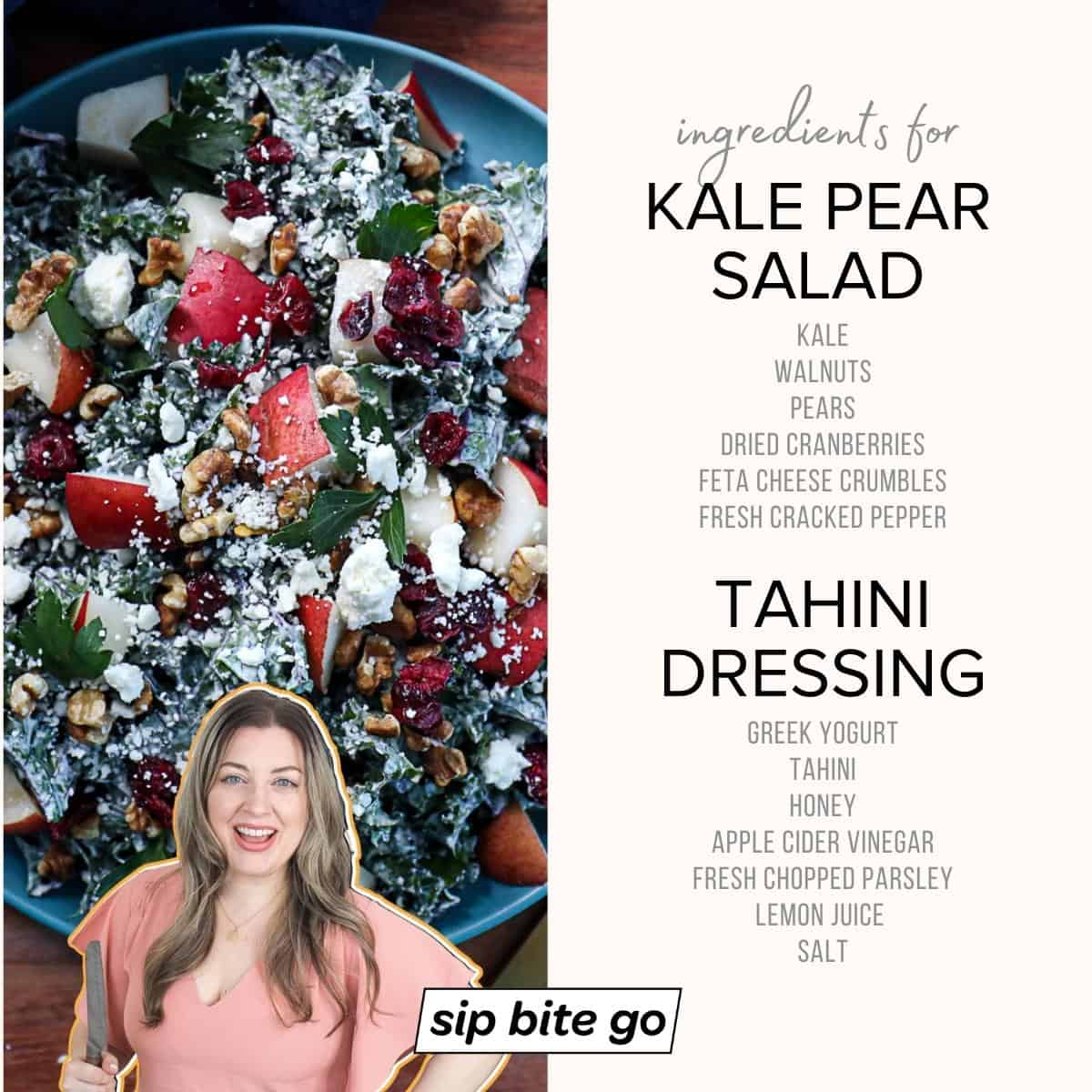 Infographic with ingredients for kale pear salad with tahini dressing
