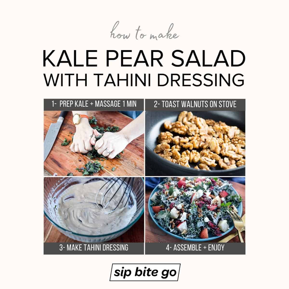 Infographic with kale pear tahini salad recipe steps with captions