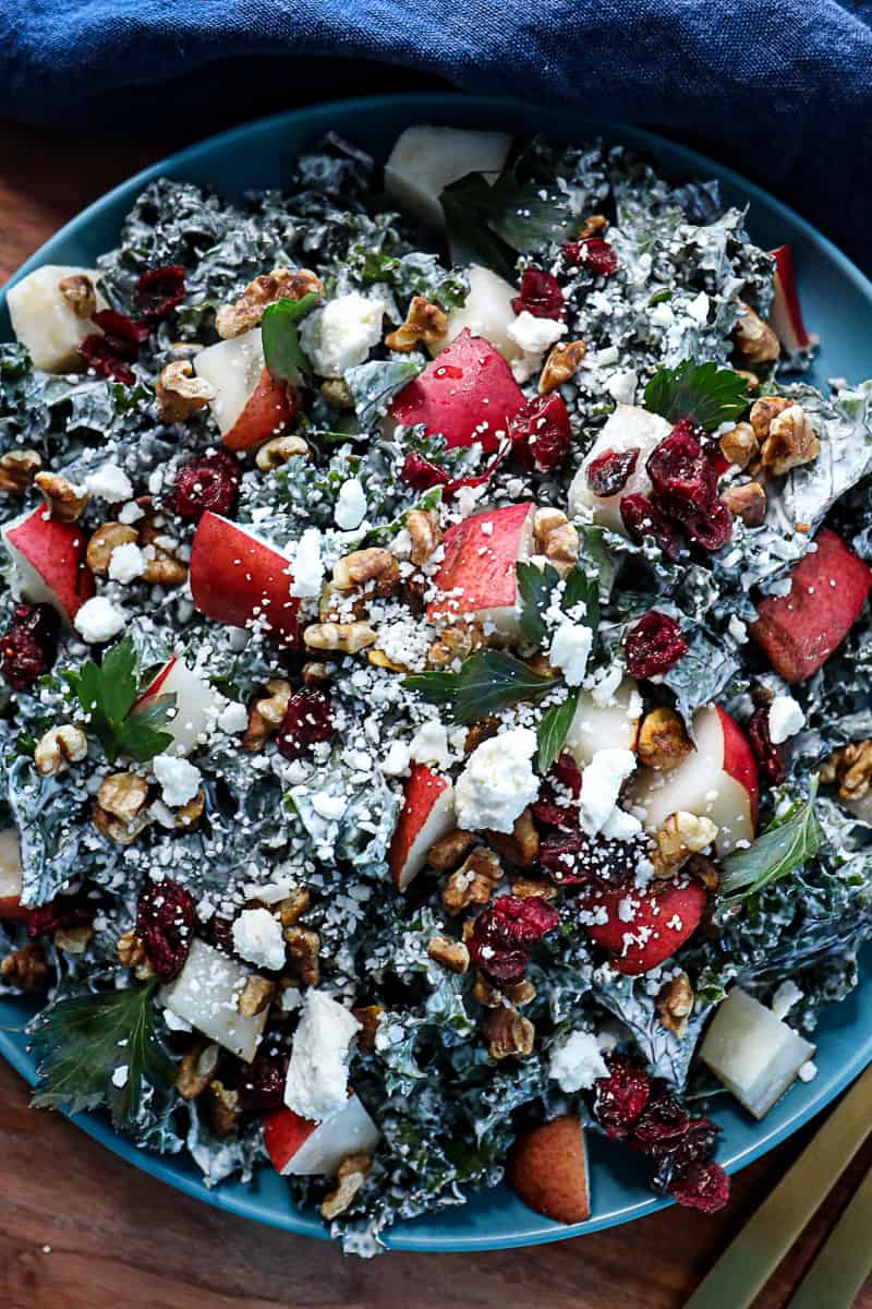 Kale Pear Salad with Tahini Dressing and Cranberries