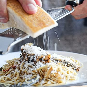 block of parmesan cheese and grater