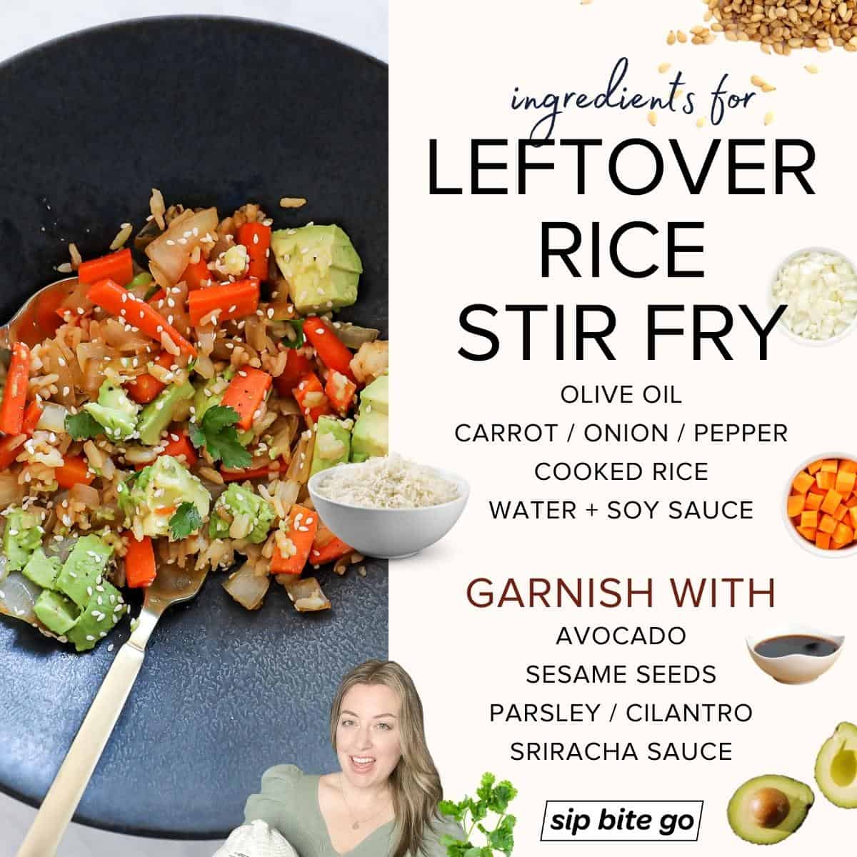 Infographic with ingredients for making a stir fry with leftover rice and vegetables Sip Bite Go