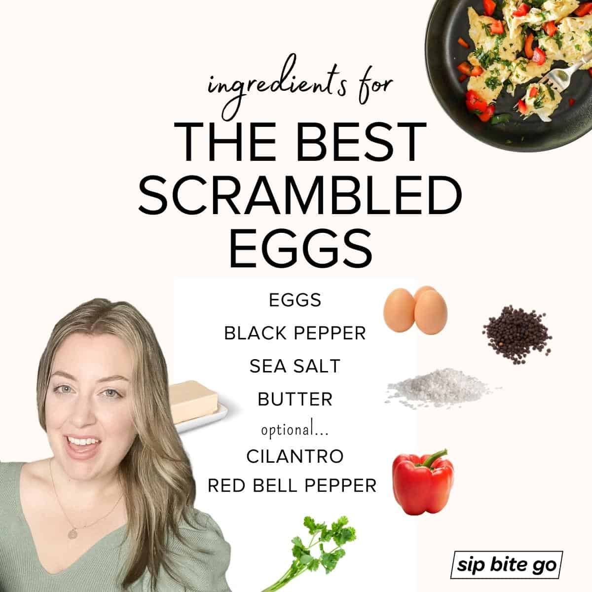 Infographic with ingredients for scrambled eggs and cooked eggs dish