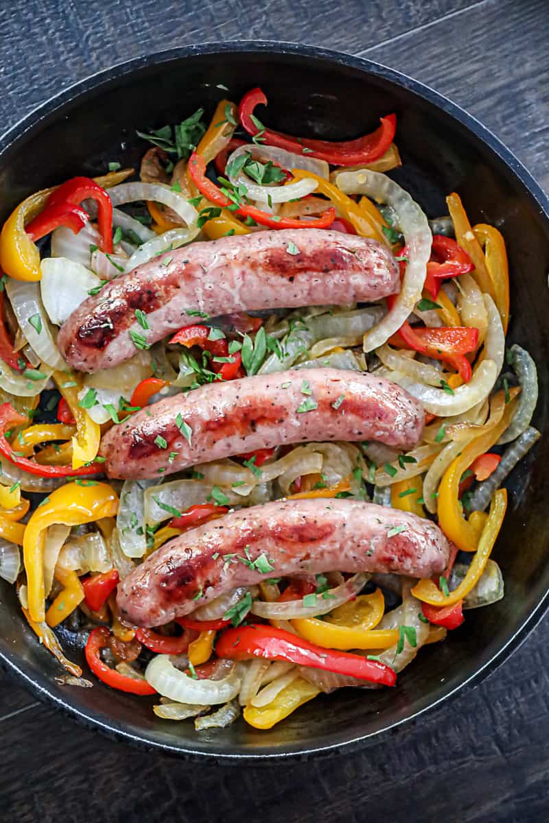 brats in oven dinner idea with peppers and onions