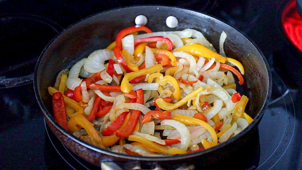 cooking sauteed peppers and onions topping for brats in oven
