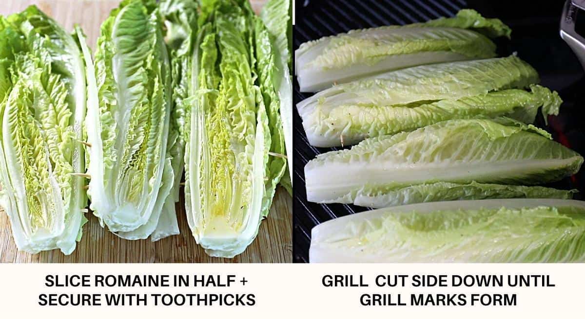 Infographic with steps for grilling romaine lettuce for salad with captions