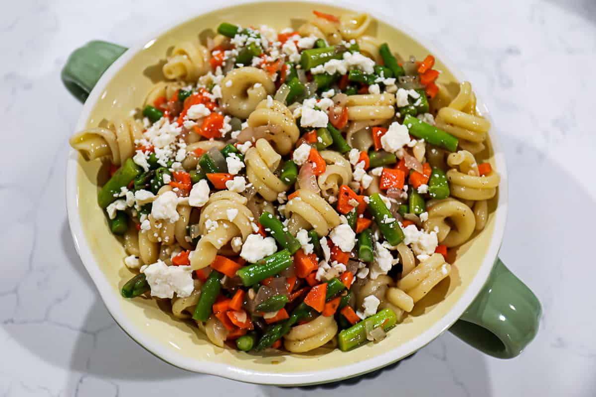 Bowl of make ahead Greek Pasta Salad Recipe With Feta