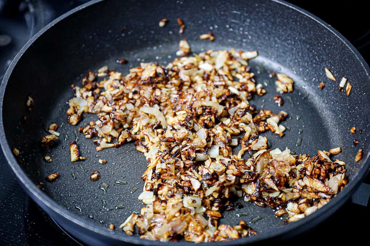 Caramelized Shallots in a pan on the stove